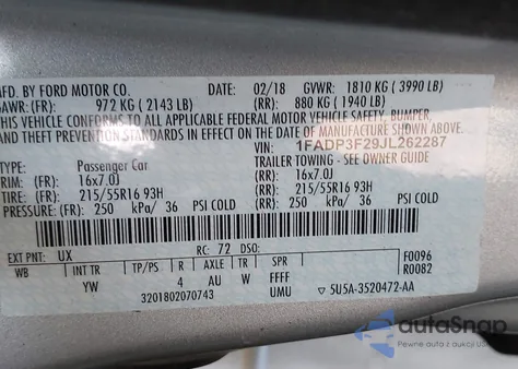 2018 Ford Focus Se z USA, uszkodzony, nr VIN 1FADP3F29JL262287